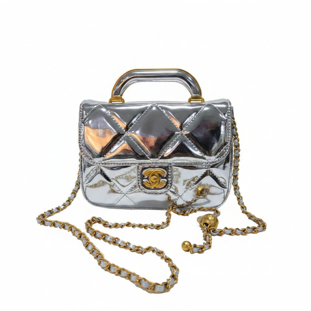 Quilted Patent Leather Top Handle Bag with Gold-Tone Chain