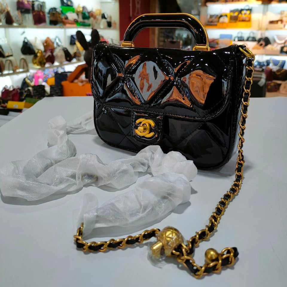 Quilted Patent Leather Top Handle Bag with Gold-Tone Chain
