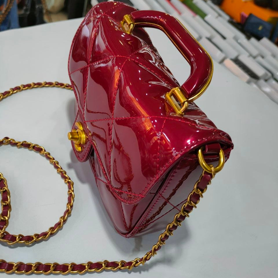 Quilted Patent Leather Top Handle Bag with Gold-Tone Chain