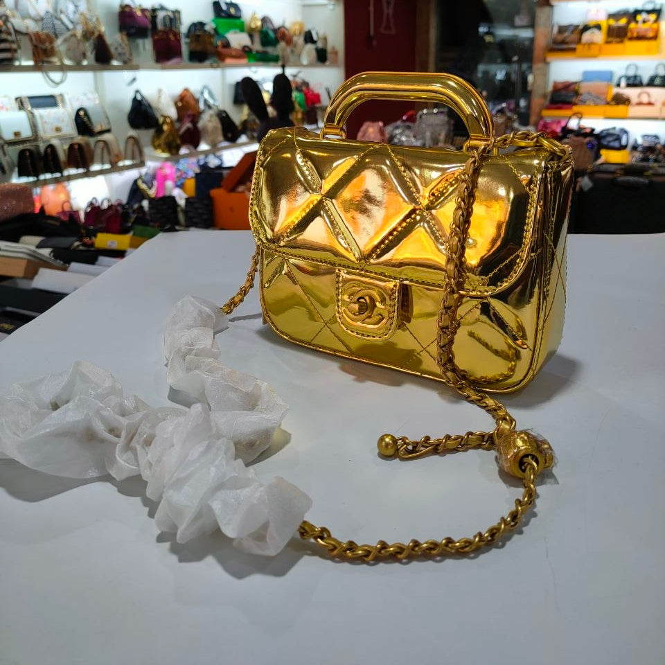 Quilted Patent Leather Top Handle Bag with Gold-Tone Chain