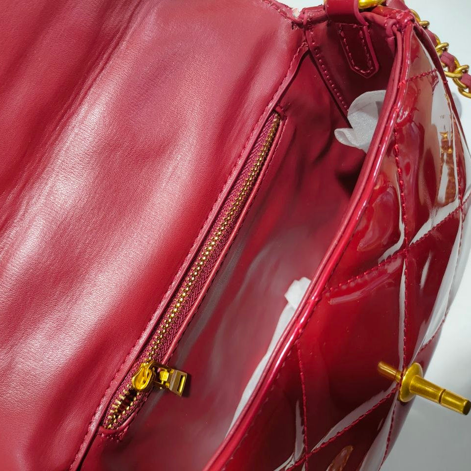Quilted Patent Leather Top Handle Bag with Gold-Tone Chain