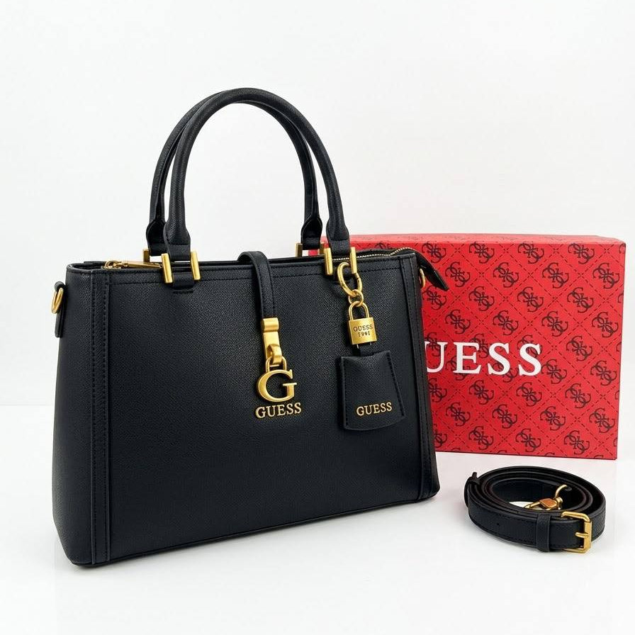 Guess Black Handbag with Signature Gold Tone Hardware