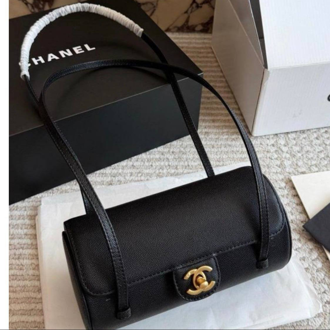 Chanel Cylinder Shoulder Bag with Gold Tone CC Hardware