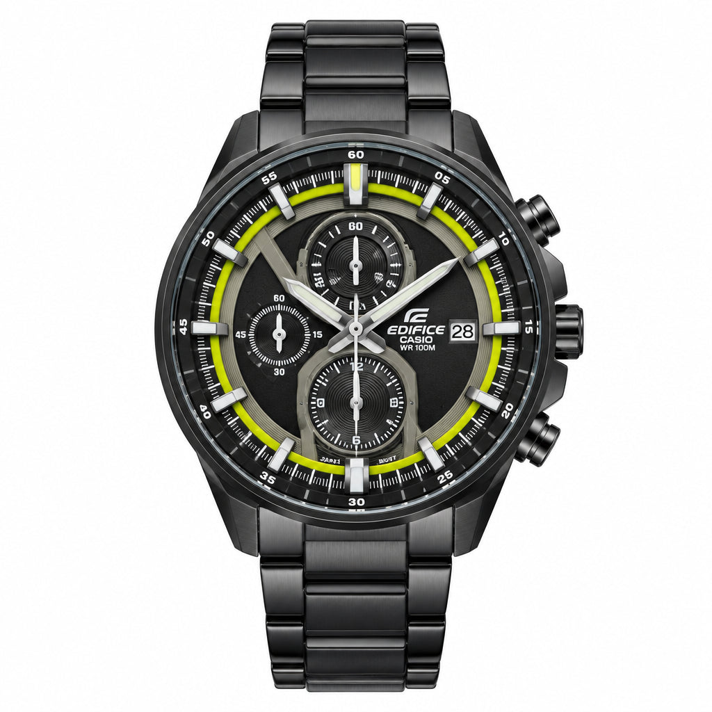 Casio Edifice Chronograph with Bold Yellow Accents and Steel Band