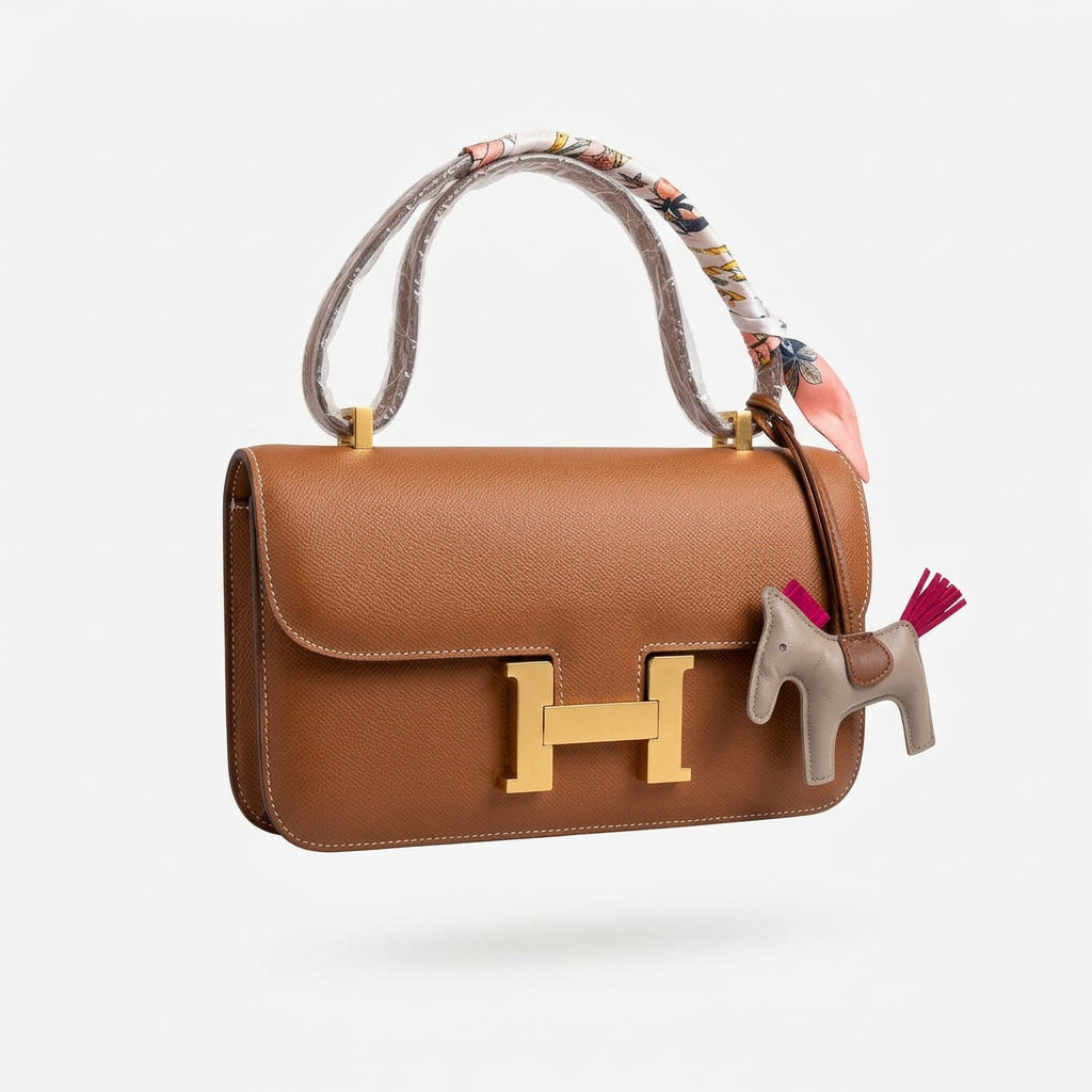 Elegant H-Clasp Shoulder Bag with Scarf Handle and Horse Charm
