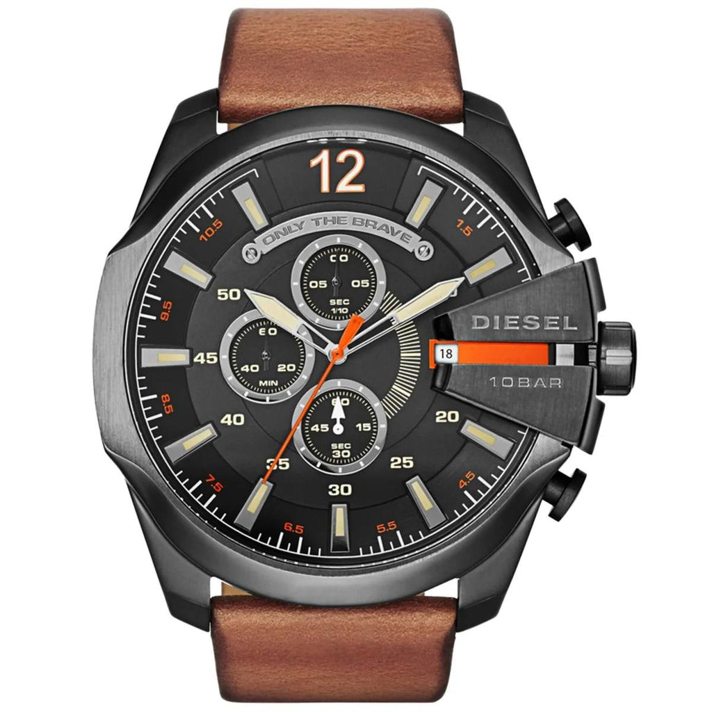 Diesel Only The Brave Chronograph Black Dial Brown Leather Watch