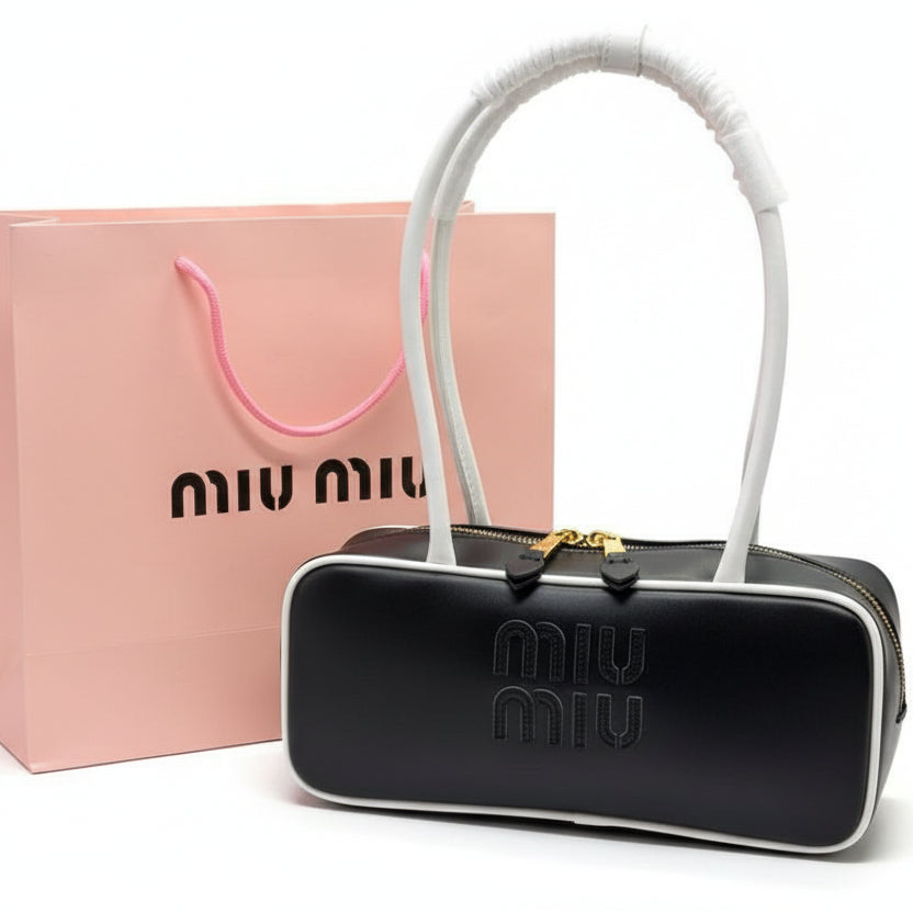 Miu Miu Leather Cylinder Bowling Bag with Contrast Piping 👜🍫✨