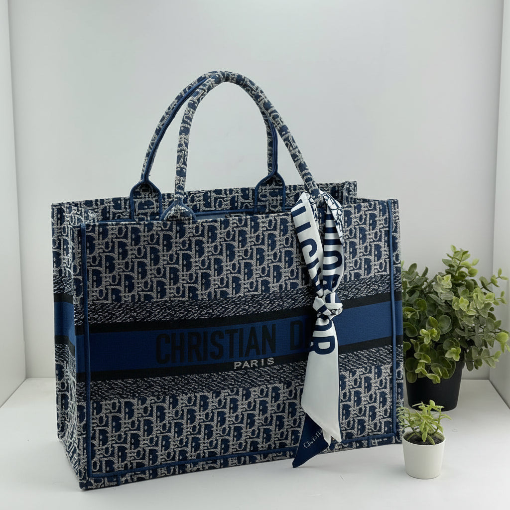 Christian Dior Blue Oblique Embroidered Book Tote with Mitzah Scarf 👜💙✨