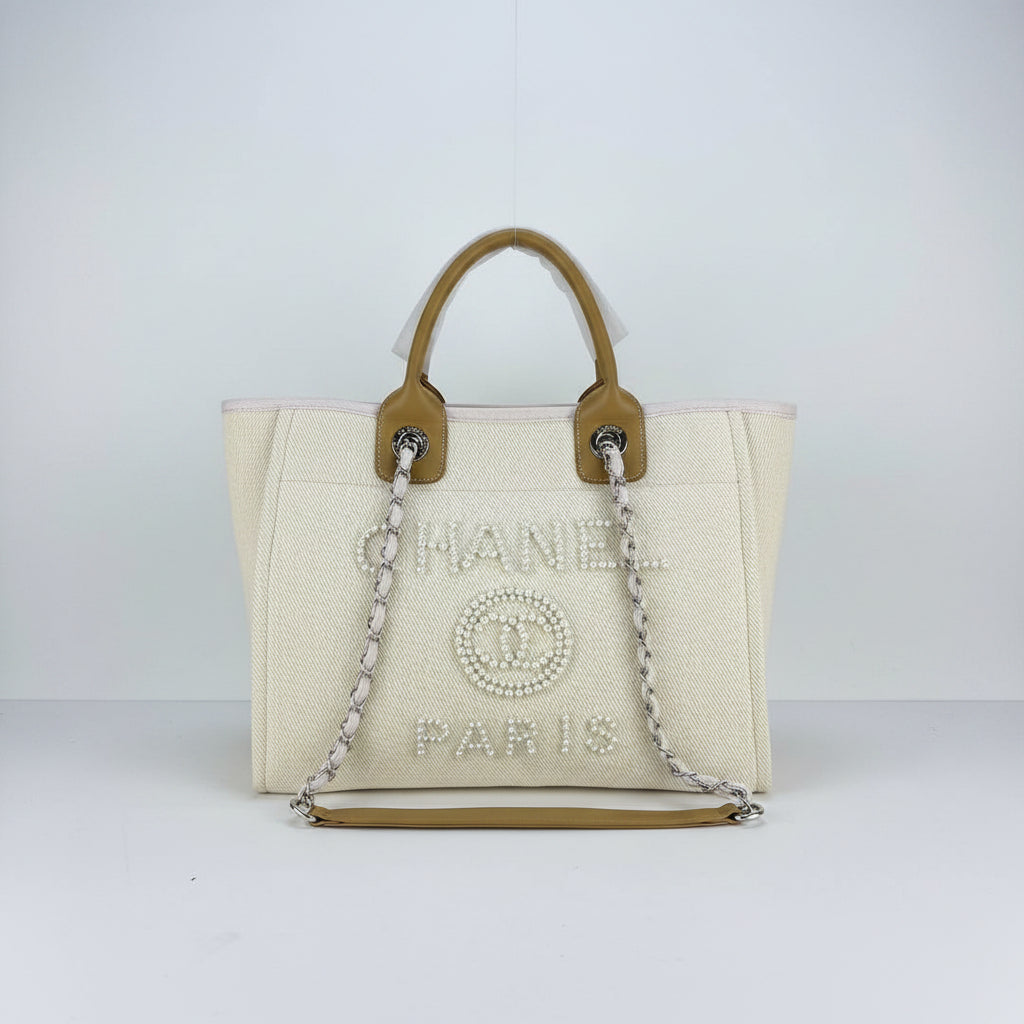 Chanel Pearl Embellished Canvas Tote Bag in Beige and Brown 👜✨