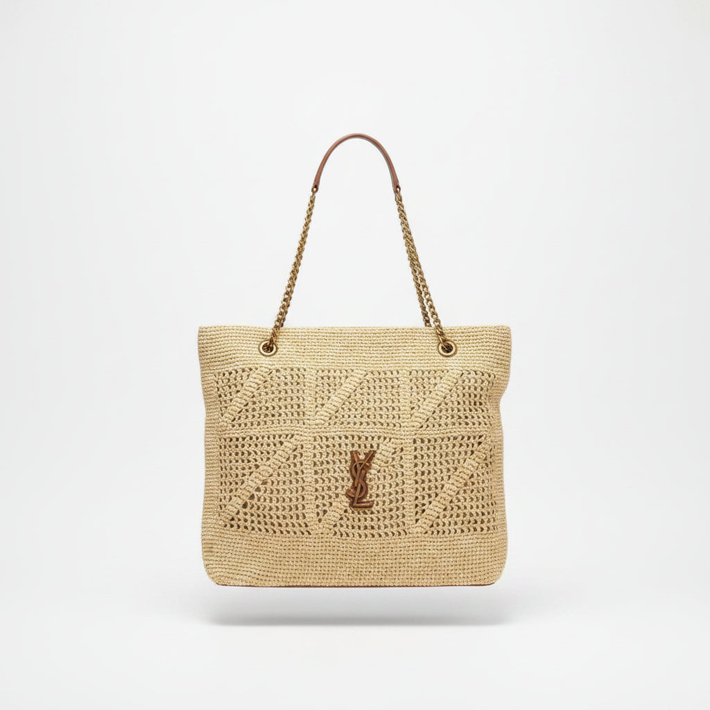 Saint Laurent Beige Crochet Raffia Tote with Gold Logo 👜✨
