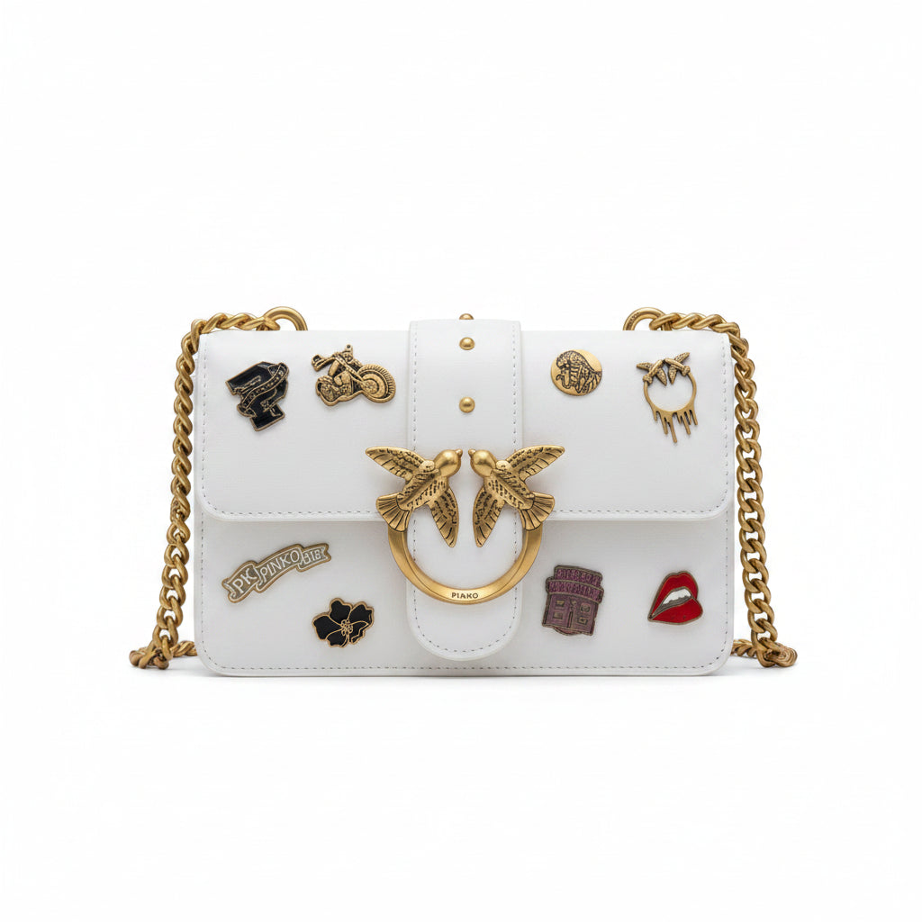 Pinko White Embellished Shoulder Bag with Gold Tone Hardware