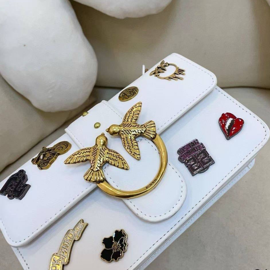 Pinko White Embellished Shoulder Bag with Gold Tone Hardware