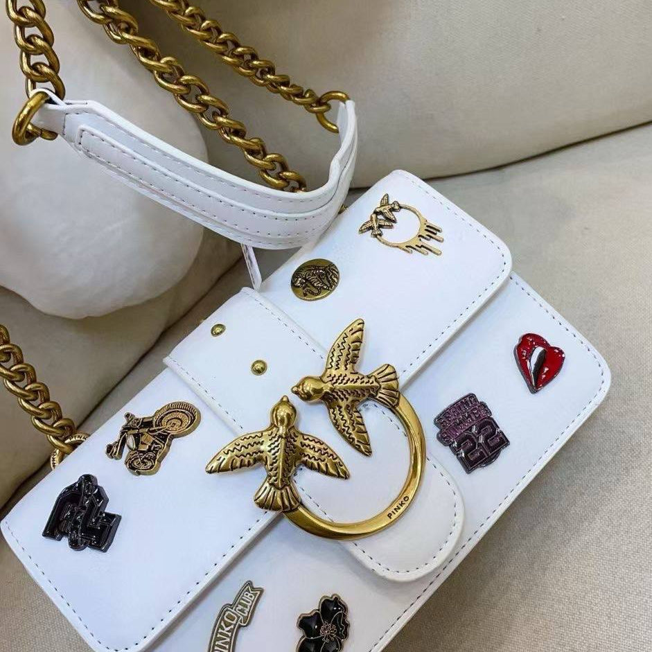 Pinko White Embellished Shoulder Bag with Gold Tone Hardware