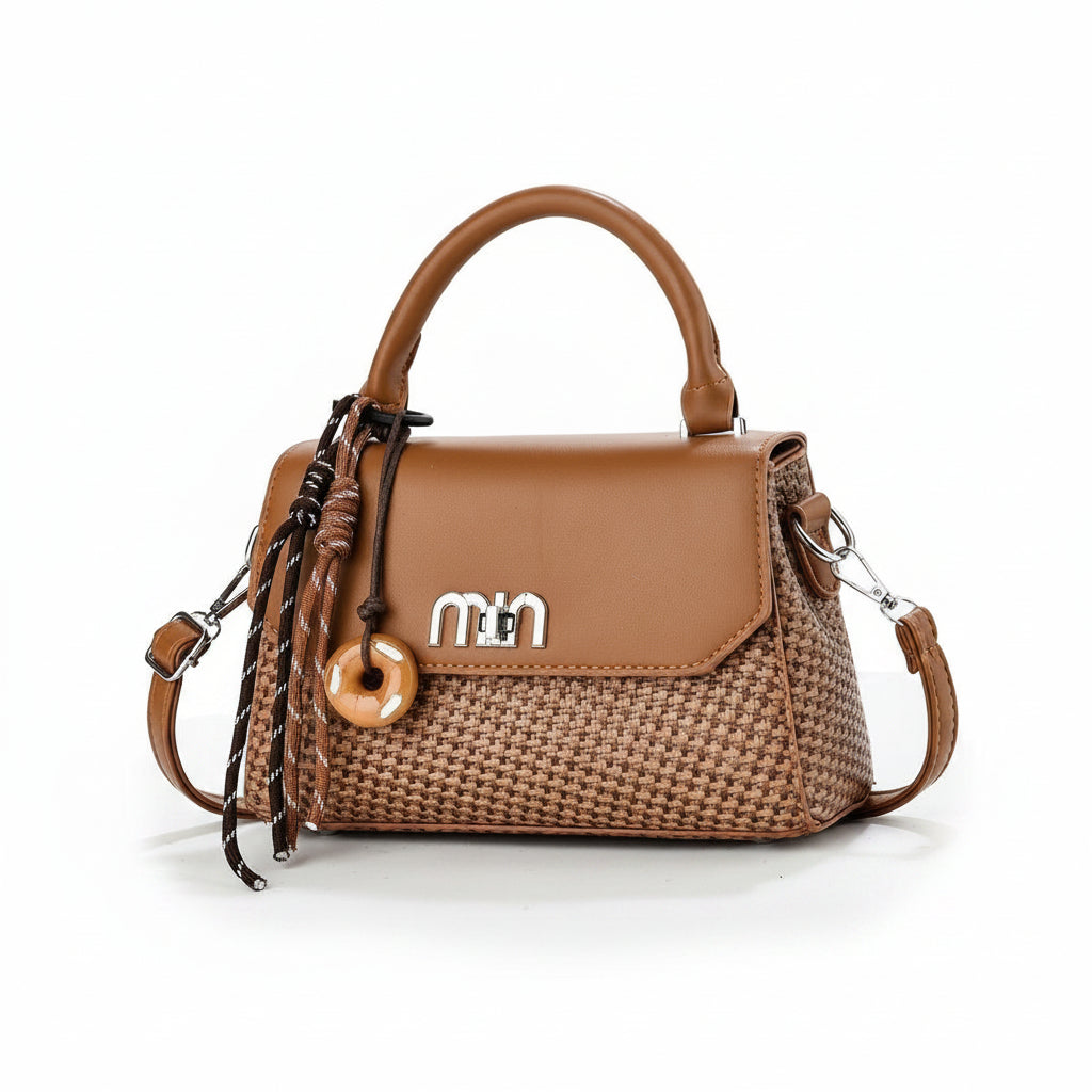 Woven Texture Top Handle Crossbody Bag with Decorative Charm