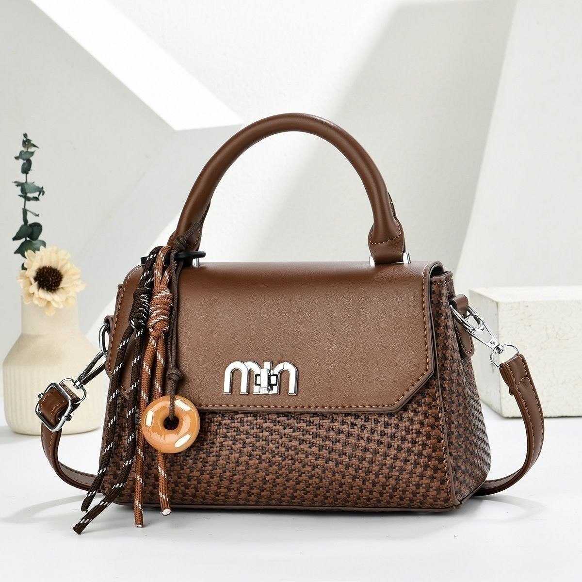 Woven Texture Top Handle Crossbody Bag with Decorative Charm