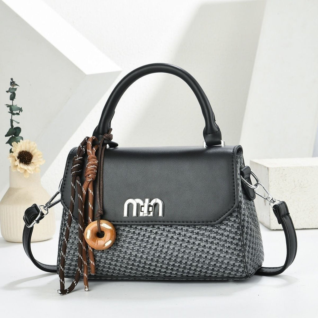 Woven Texture Top Handle Crossbody Bag with Decorative Charm