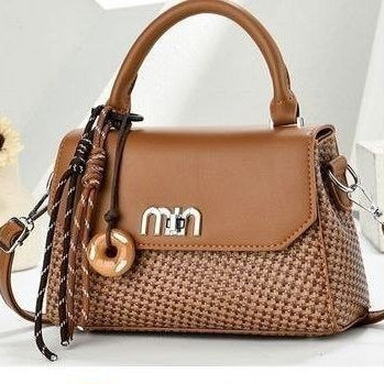 Woven Texture Top Handle Crossbody Bag with Decorative Charm