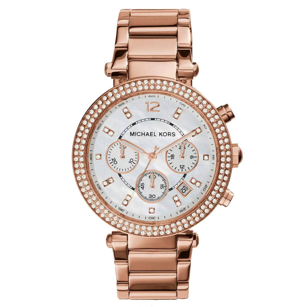 Michael Kors Rose Gold Chronograph Watch with Crystal Bezel