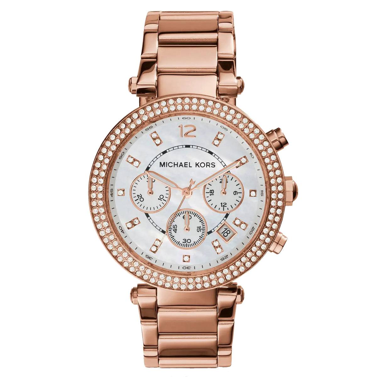 Michael Kors Rose Gold Chronograph Watch with Crystal Bezel