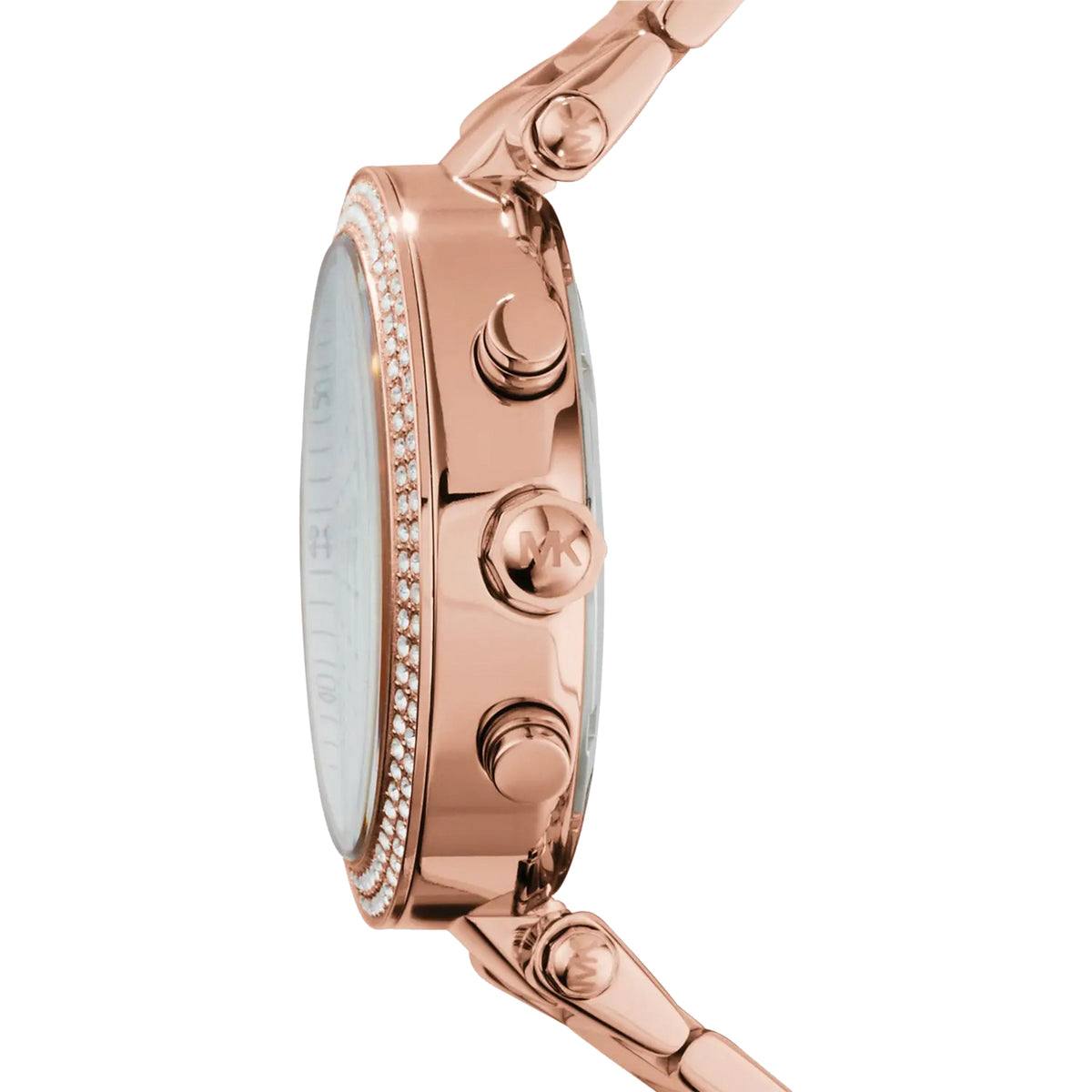 Michael Kors Rose Gold Chronograph Watch with Crystal Bezel