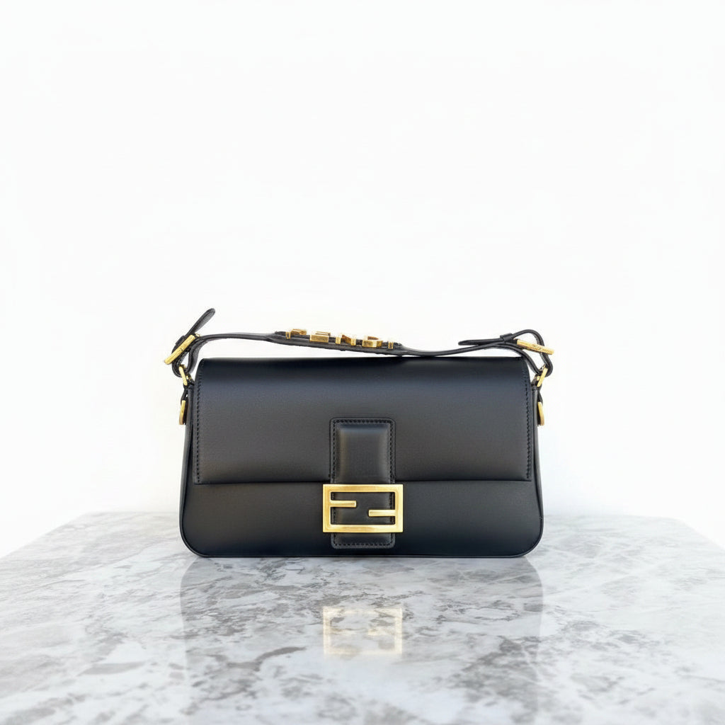 Fendi Signature Logo Shoulder Bag with Gold Hardware