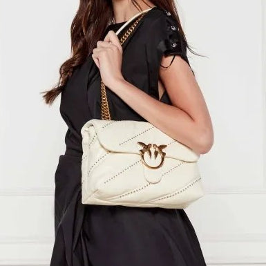 Pinko Mirror Original Studded White Shoulder Bag