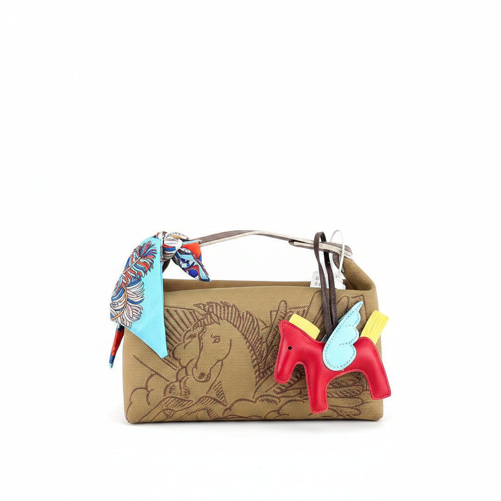 Canvas Horse Motif Tote with Decorative Scarf and Charm