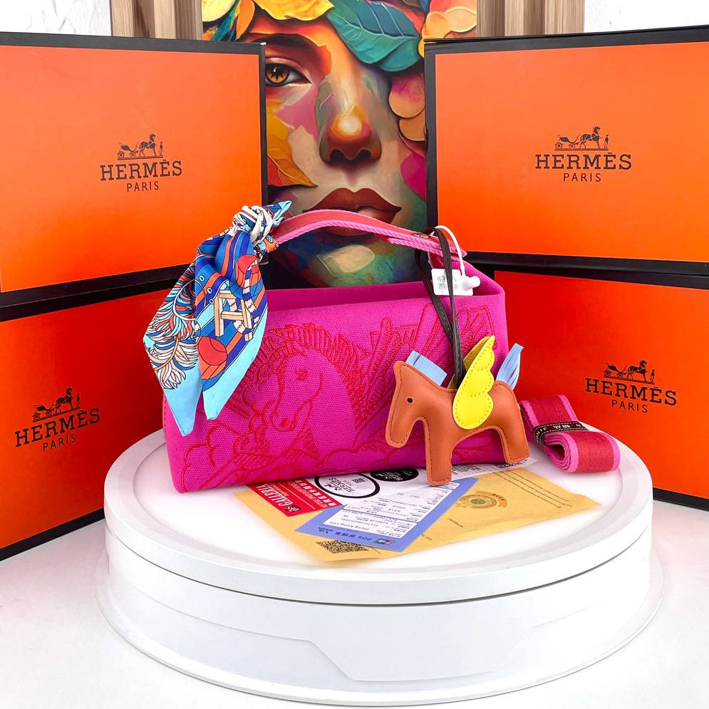 Canvas Horse Motif Tote with Decorative Scarf and Charm
