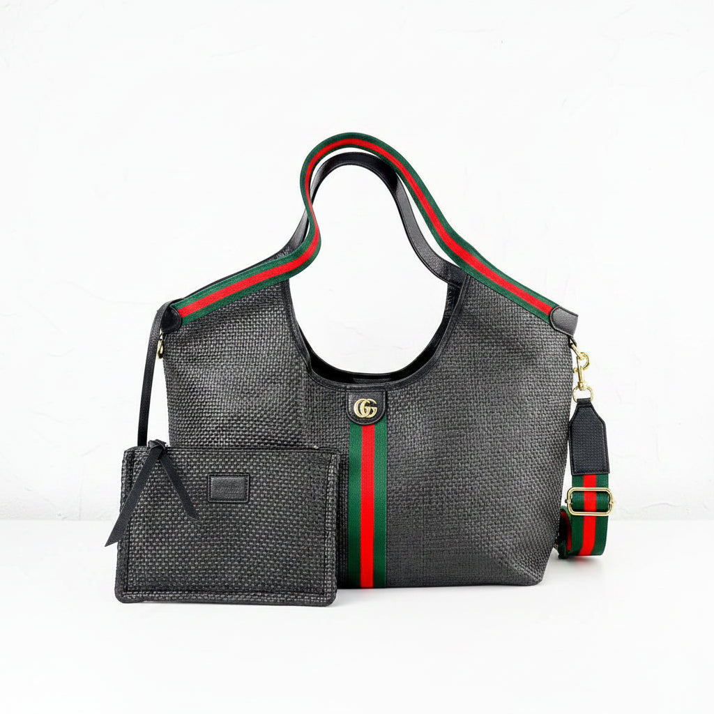 Woven Stripe Tote with Matching Pouch