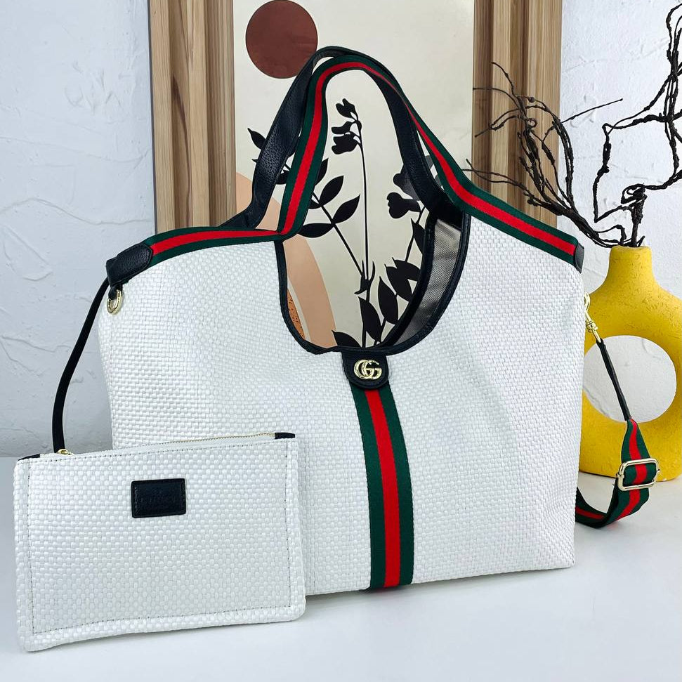 Woven Stripe Tote with Matching Pouch