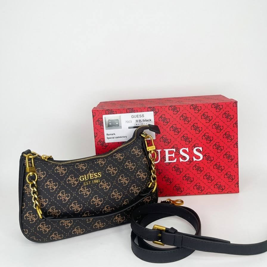 Guess Signature Monogram Shoulder Bag with Gold-Tone Chain