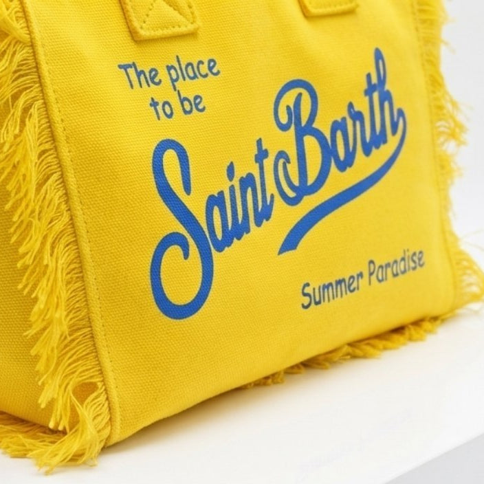 Saint Barth Summer Paradise Yellow Canvas Frayed Tote Bag