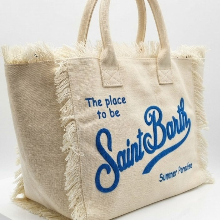 Saint Barth Summer Paradise Yellow Canvas Frayed Tote Bag