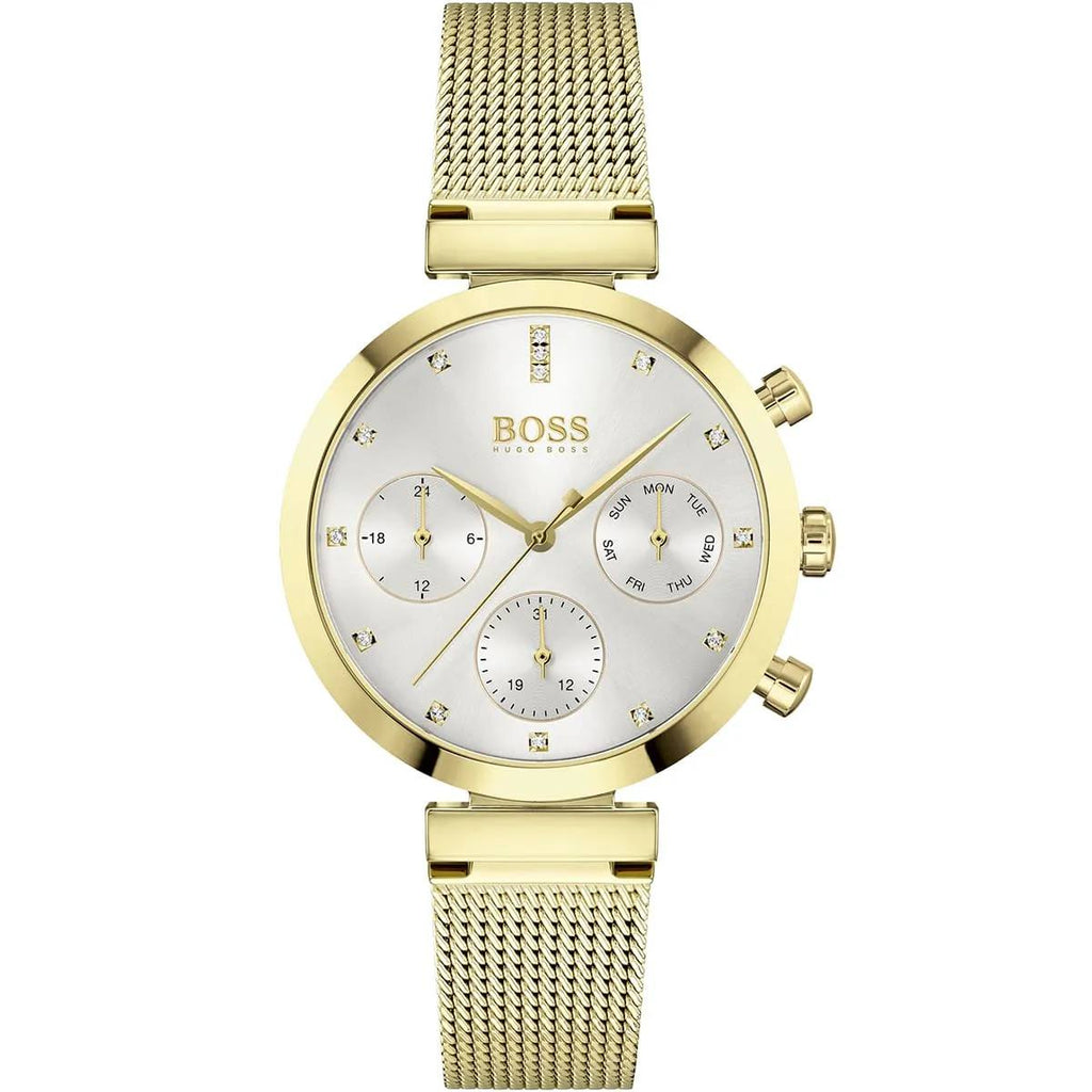 Hugo Boss Women Gold Tone Crystal Mesh Strap Multi Function Watch