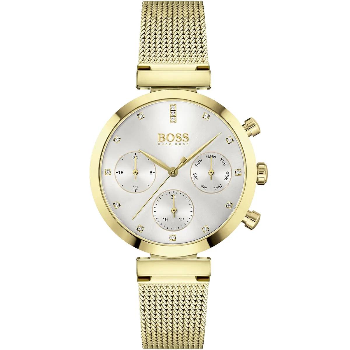Hugo Boss Women Gold Tone Crystal Mesh Strap Multi Function Watch