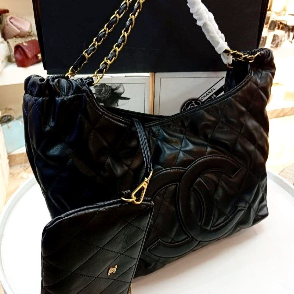 Chanel Quilted Microfiber Leather Shoulder Bag with Matching Pouch