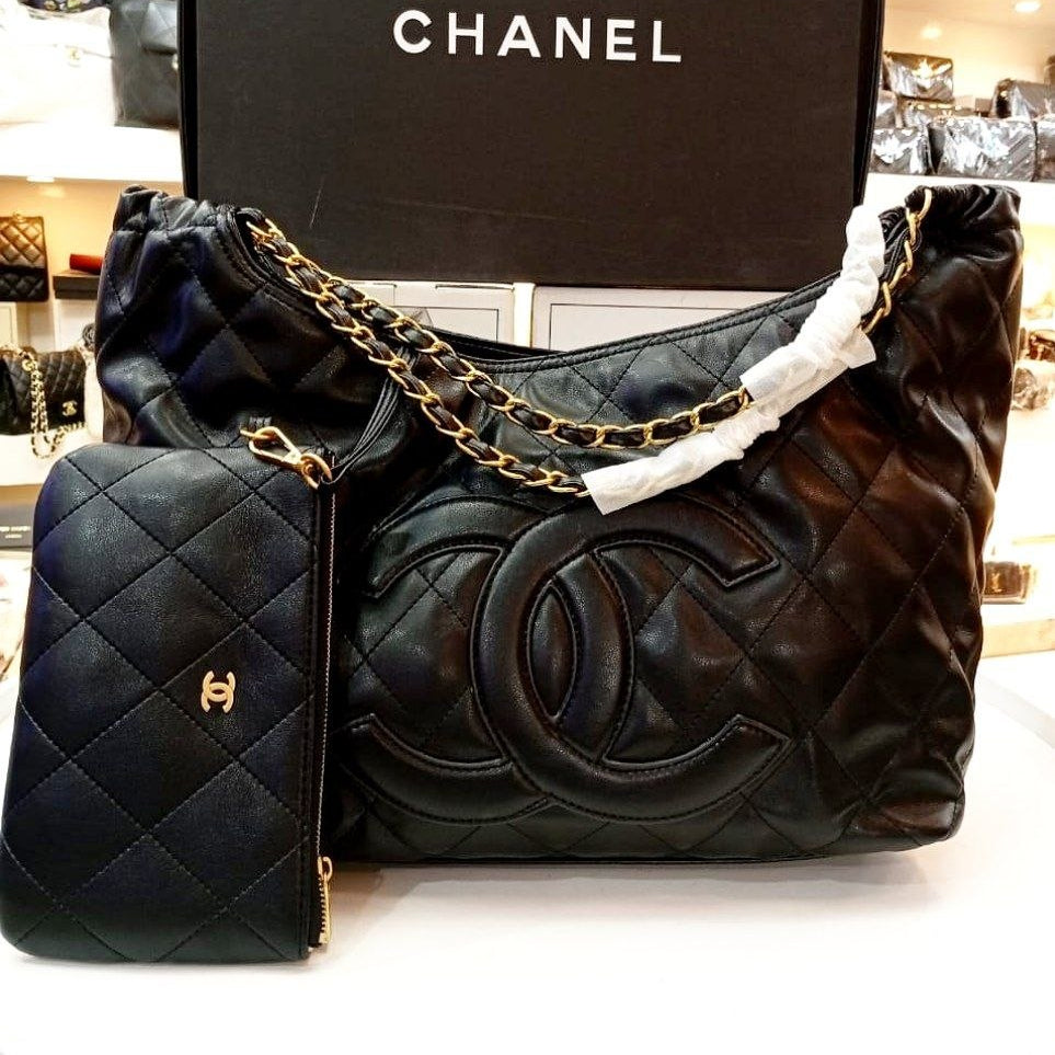 Chanel Quilted Microfiber Leather Shoulder Bag with Matching Pouch