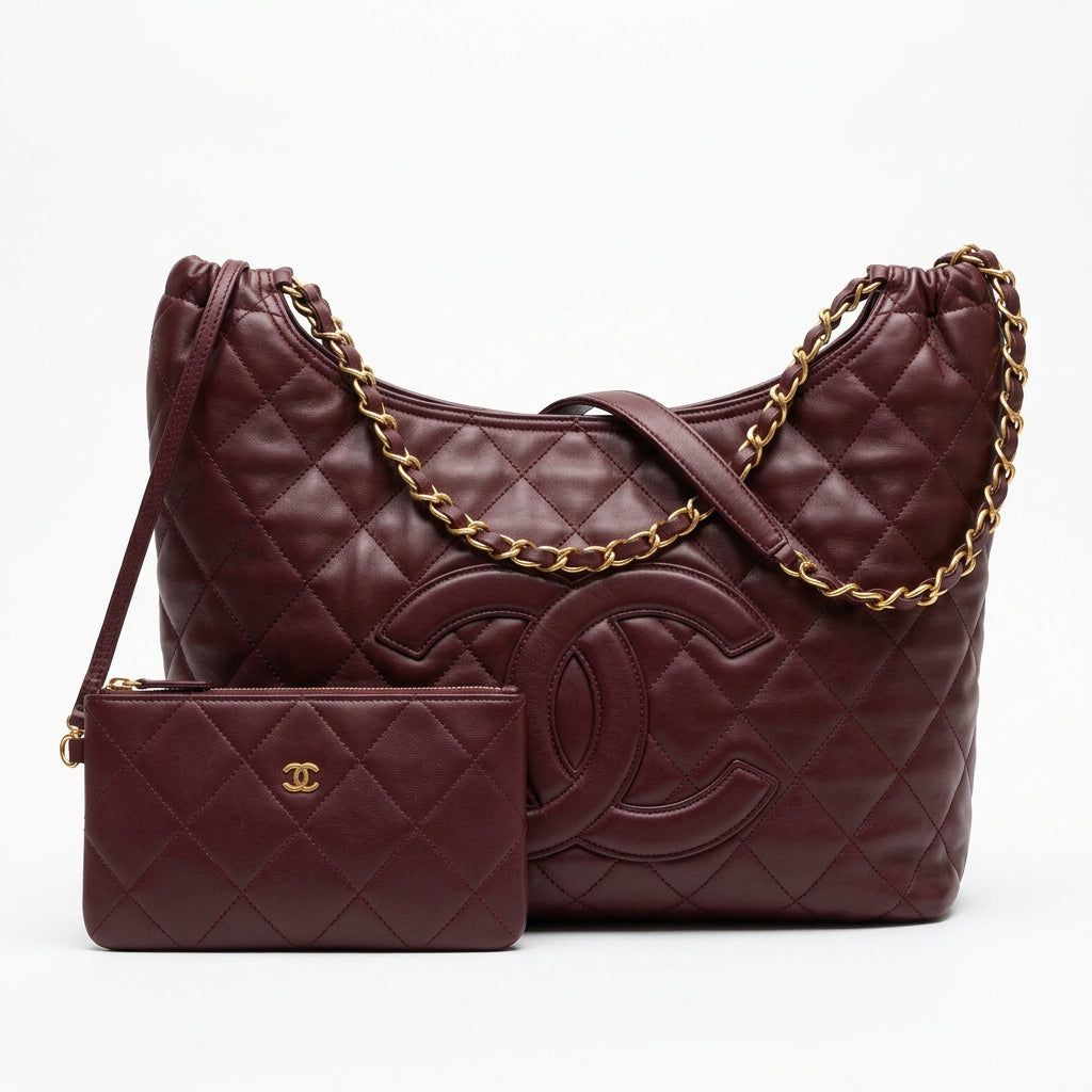 Chanel Quilted Microfiber Leather Shoulder Bag with Matching Pouch