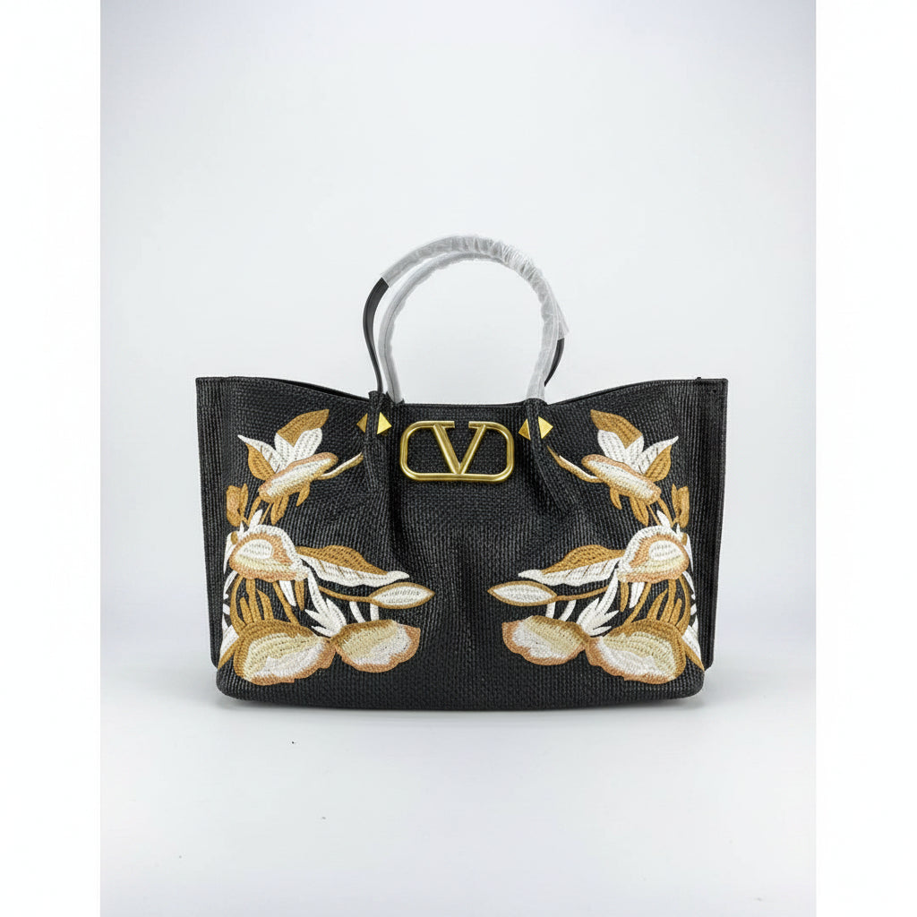 Valentino Floral Embroidered Straw Tote with Gold-Tone Hardware 👜✨
