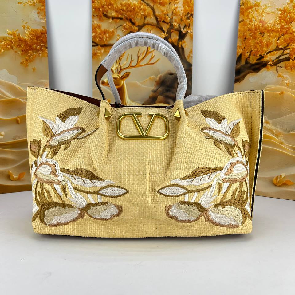 Valentino Floral Embroidered Straw Tote with Gold-Tone Hardware 👜✨