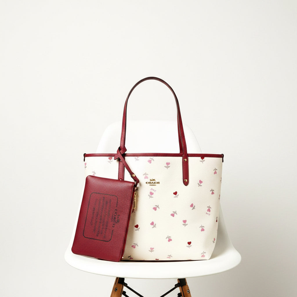 Coach Floral & Heart Print Tote Bag with Matching Pouch 🌸❤️👜