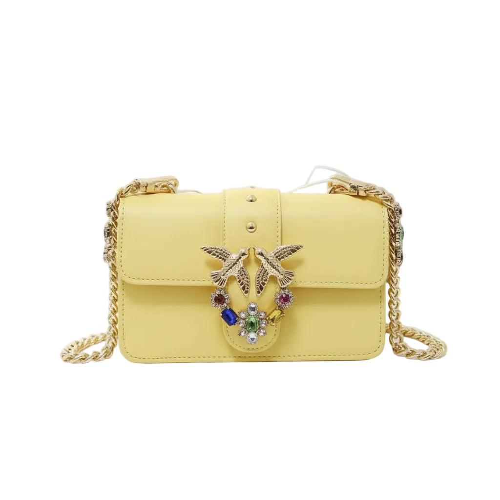 Pinko Yellow Crystal Embellished Bird Logo Crossbody Bag