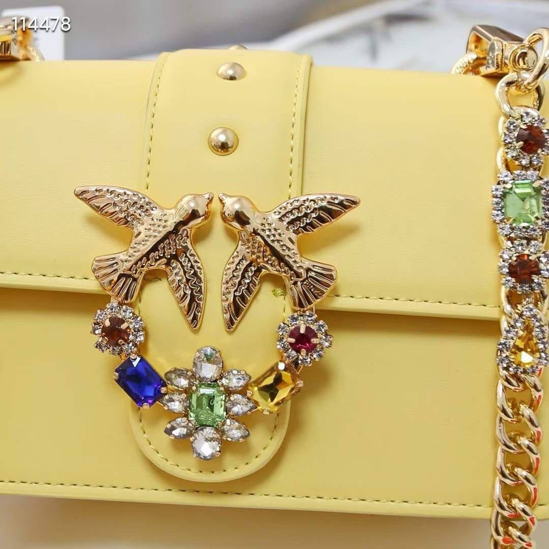 Pinko Yellow Crystal Embellished Bird Logo Crossbody Bag