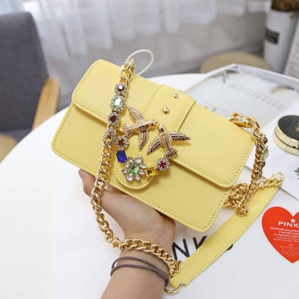 Pinko Yellow Crystal Embellished Bird Logo Crossbody Bag