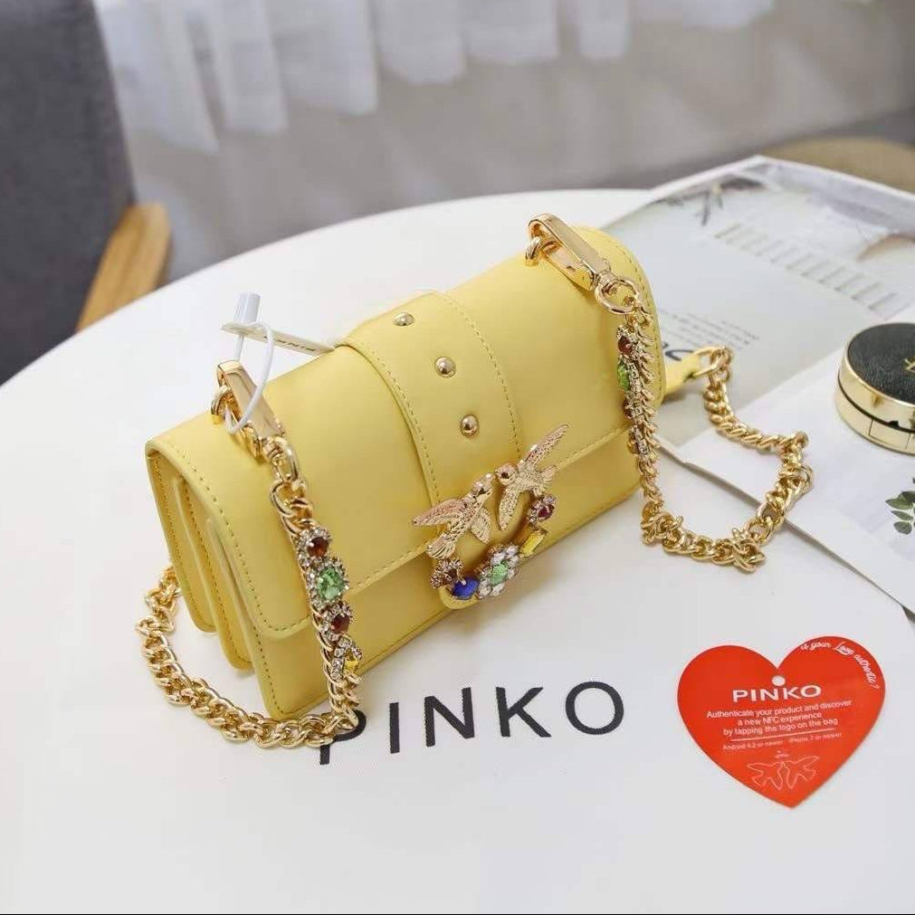 Pinko Yellow Crystal Embellished Bird Logo Crossbody Bag