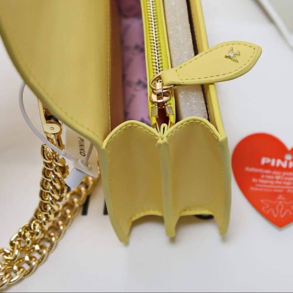 Pinko Yellow Crystal Embellished Bird Logo Crossbody Bag