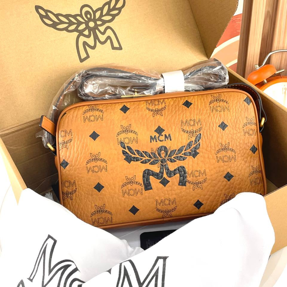 MCM Monogram Crossbody Bag with Gold Tone Hardware