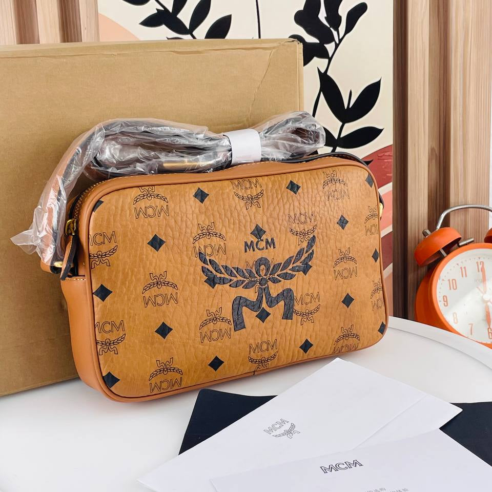 MCM Monogram Crossbody Bag with Gold Tone Hardware