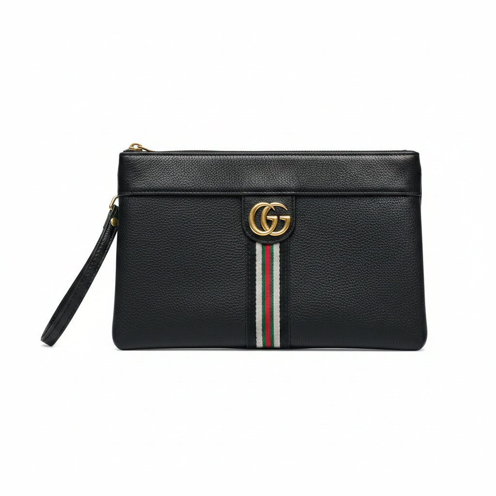 Gucci Black Leather Pouch with Signature Web and Gold Hardware