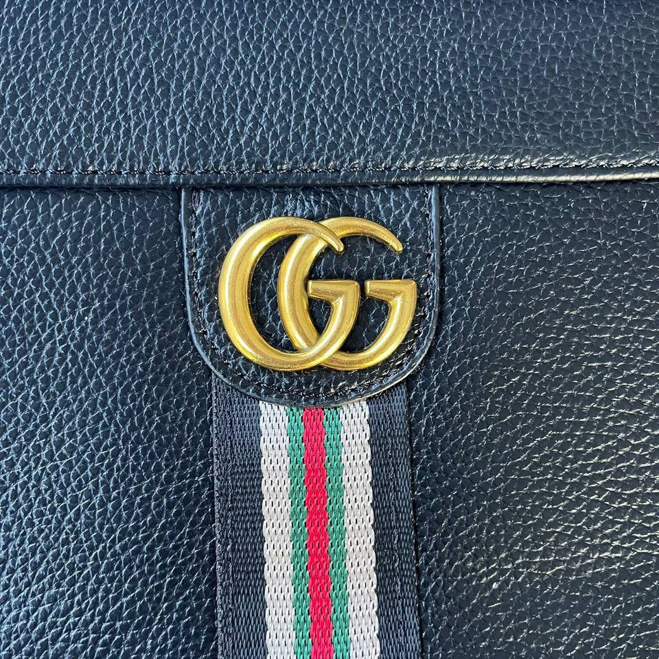 Gucci Black Leather Pouch with Signature Web and Gold Hardware